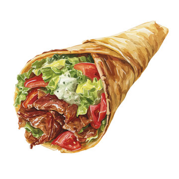 Beef Shawarma in detailed isometric watercolor art, isolated on a pure white backdrop.