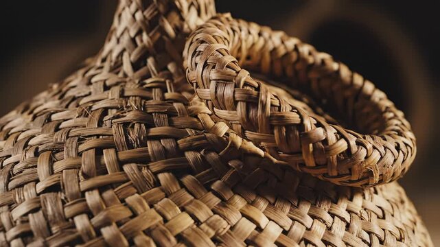 Close-up of a Textured Woven Basket with a Braided Handle Lit by Warm Sunlight Against a Dark Blurred Background Showcasing Natural Fibers and Intricate Craftsmanship