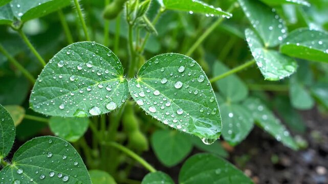 Close-up of vibrant green soybean plant leaves with water droplets after rain.