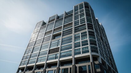 A sleek modern skyscraper stands tall against a clear blue sky