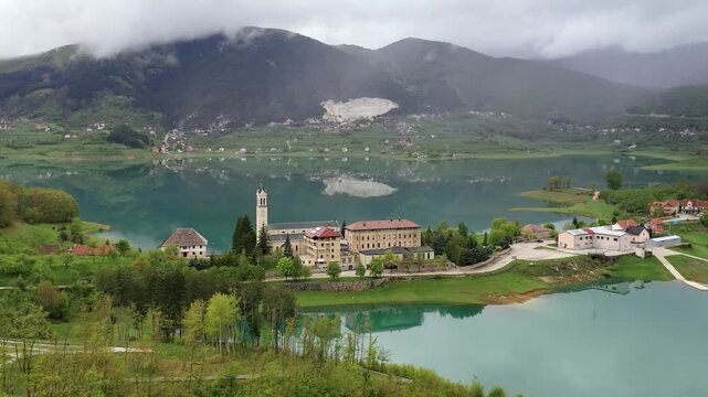 Lake landscape with monastery aerial