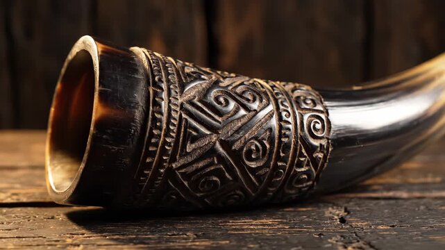 Close Up Of An Ancient Carved Drinking Horn On A Wooden Surface With Rustic Background And Dramatic Lighting