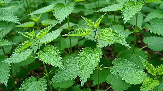 Close-up of vibrant green stinging nettle plants growing in nature.