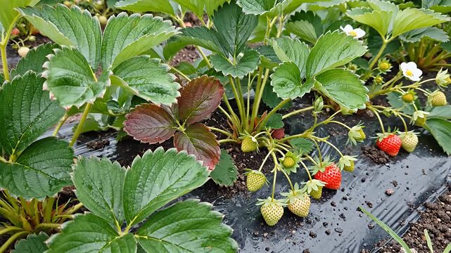 Close-up of strawberry plants with ripe and unripe fruits in the garden.