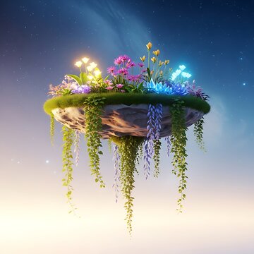 Gravity Defying Garden Concept with Floating Plants and Islands