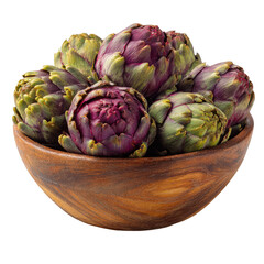 Obraz premium Fresh artichokes in wooden bowl isolated on a transparent background