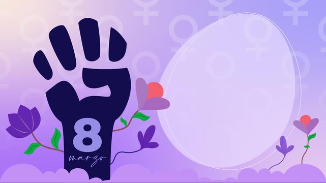 Horizontal video illustration for International Women's Day, featuring a raised hand, the symbol for women, and flowers, with space for text. Concept: 8M, Women's Day.
