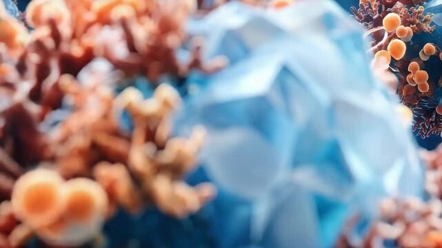 Virus particles with orange protrusions on blue surface
