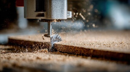 Woodworking process shows router cutting through wood to create detailed design in workshop