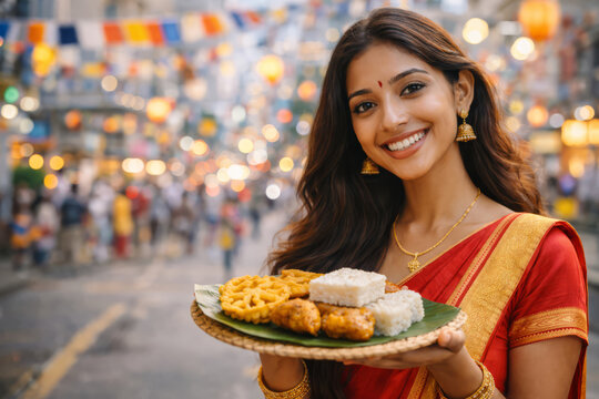 Sinhala and Tamil New Year celebration. Woman in sari holding sweets on street background.