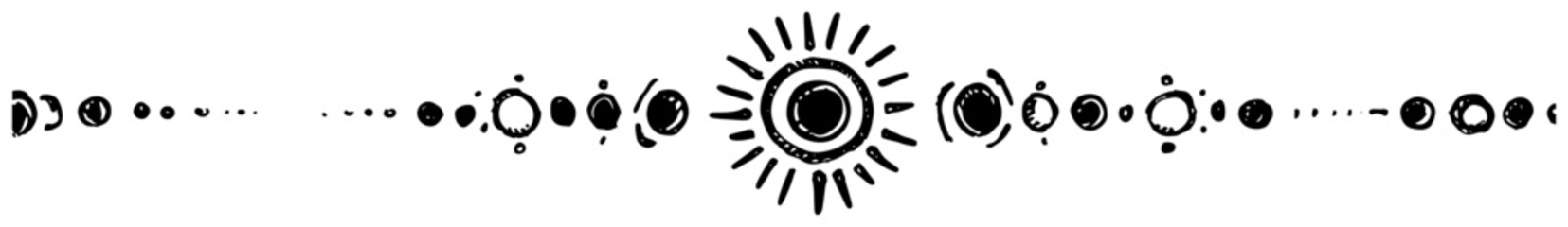 Celestial solar system border with sun and moon phases in minimalist hand drawn style