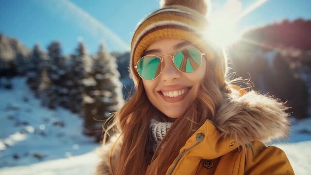 A smiling girl wearing sunglasses and winter clothing against a backdrop of snow-capped mountains embodies the joy of leisure and an active lifestyle, making her a suitable background for tourism offe