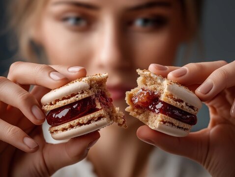 A close-up of a woman's hands breaking open a macaron filled with strawberry jam. A French dessert.