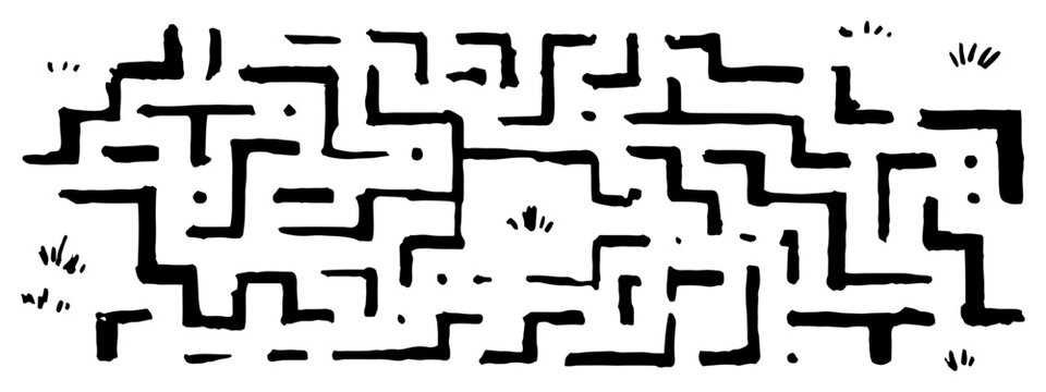 Top view of a hand drawn rectangular labyrinth maze in ink sketch style
