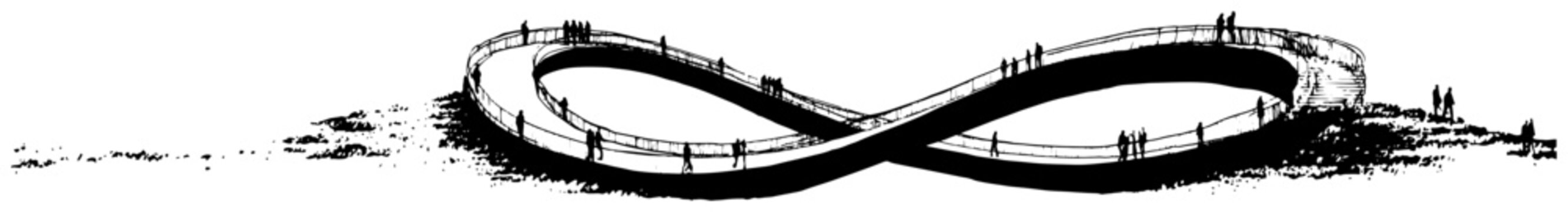 Modern infinity loop walkway bridge with people silhouettes in stipple vector style