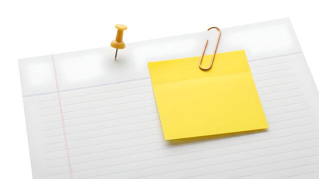 A yellow sticky note on a calendar with a paperclip and thumbtack