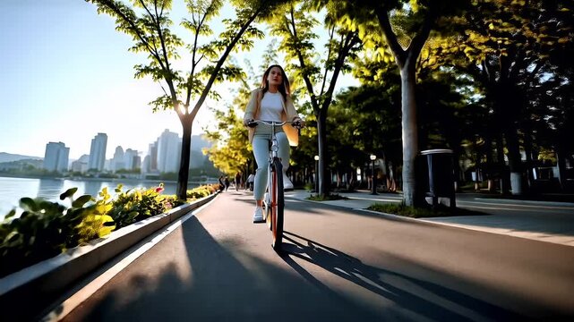 Cardio sports cycling biking exercise, healthy lifestyle. A woman riding a bicycle down a paved path next to a body of water, surrounded by lush greenery. The sun casts a golden hue over the scene.