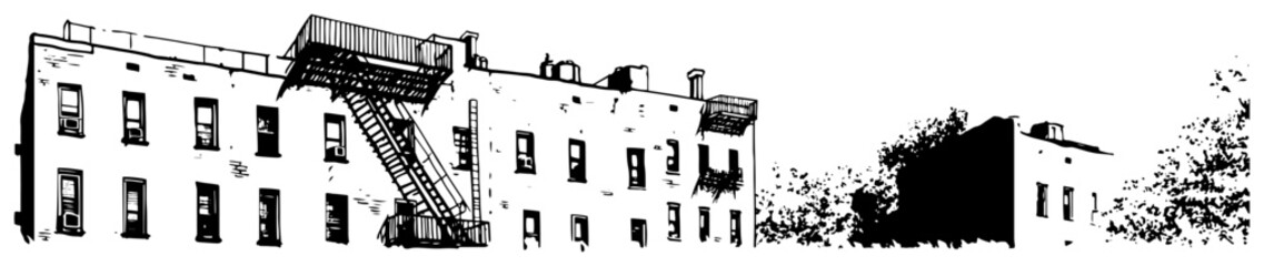 Vintage urban brick building with exterior metal fire escape in hand drawn sketch style © AdrianGebert