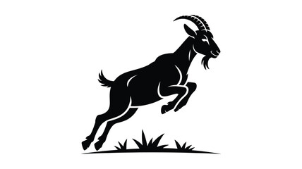 Obraz premium A black silhouette of a mountain goat leaping above grassy terrain