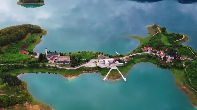 Wide aerial view of lake village