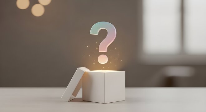 A white box with a question mark rising from it in a bright room with a blurred background and lights