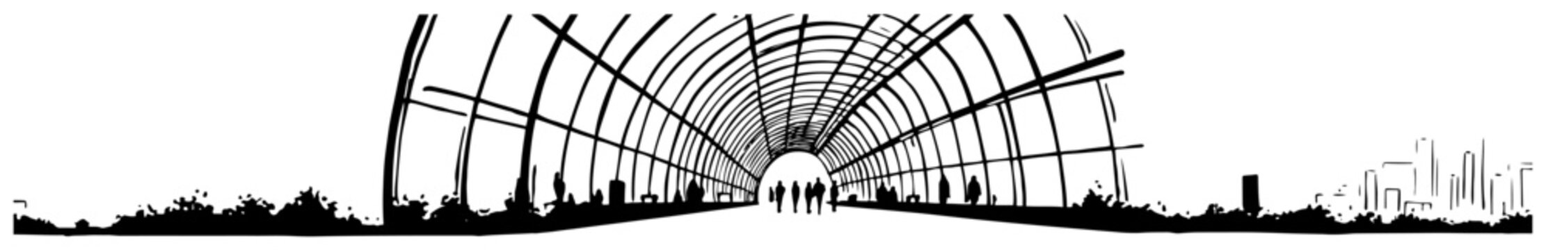 Wide panoramic sketch of a modern vaulted glass structure with silhouettes of people walking inside