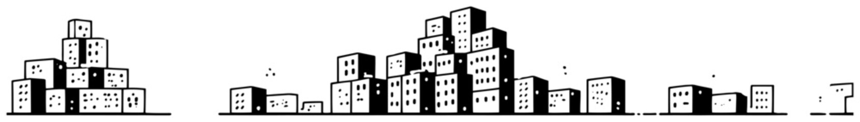 Stylized block city skyline illustration with simple modern buildings in black and white