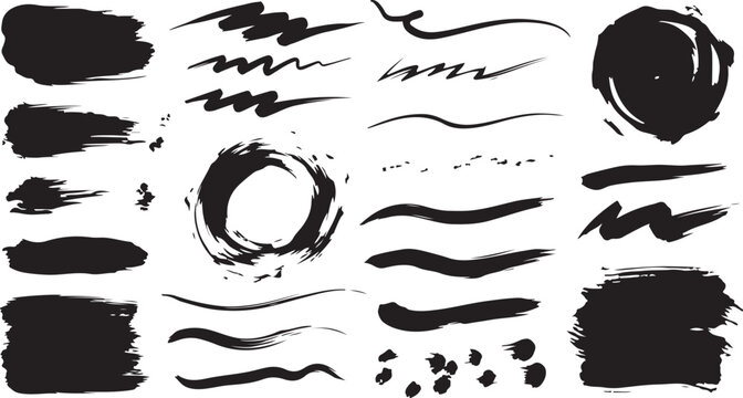 A collection of various black ink brush strokes and splatters on a white background Vector