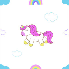 Kids Cartoon Seamless Pattern with Unicorns, Clouds and Rainbow