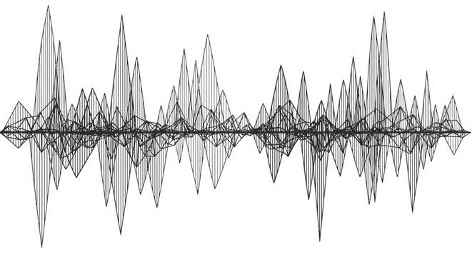 Dynamic abstract sound wave or complex data visualization with multiple fluctuating lines on isolated white background.