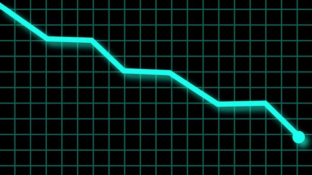 Cyan line graph depicting a downward trend and declining performance. Falling data curve reflects negative market movement and recession impact. Modern digital analytics visualization on dark .