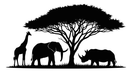 African Savanna Animals Silhouette with Acacia Tree on Isolated White Background © Slamet