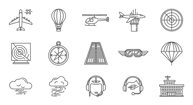 Comprehensive set of aviation and airport line icons including helicopter, airplane, control tower, radar, runway, parachute, pilot headset, and terminal building, isolated white background.