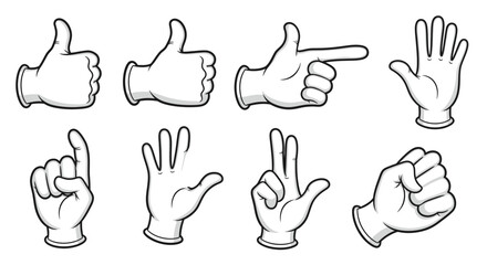 Fototapeta premium Cartoon human hands showing various gestures including thumbs up, pointing, fist, and okay sign on an isolated white background.
