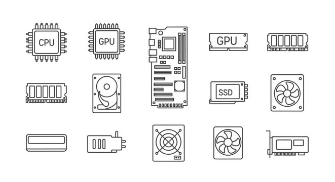Set of detailed computer hardware outline icons including CPU, GPU, motherboard, and SSD on an isolated white background.