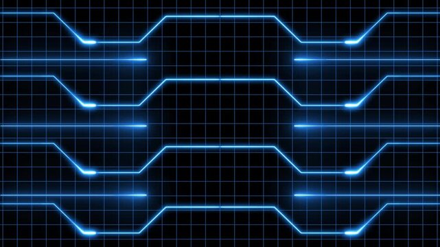 Multiple Rows of Blue Neon Circuit Lines on Dark Grid abstract background, blue background with glowing neon blue circuit board lines, circuit board animation with glowing neon blue line animation.