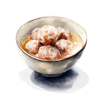 Artistic isometric watercolor image of Bakso, isolated on a white surface.