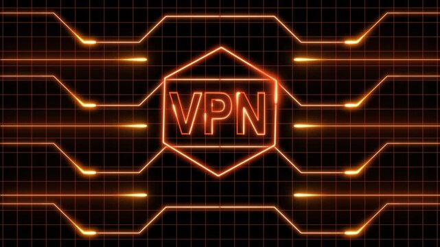 Neon vpn Logo on Futuristic Circuit Board Background with Orange Glow, Futuristic circuit board with glowing lines, digital circuit board with streams of data represented by orange light.