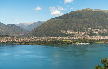 Obraz premium Rural landscape with Lake Maggiore and Swiss mountains from Gambarogno-Casenzano, Ticino, Switzerland