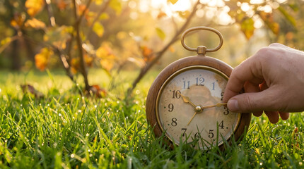 Hand adjusting vintage clock on green grass for Daylight Saving Time concept, spring forward banner background with copy space