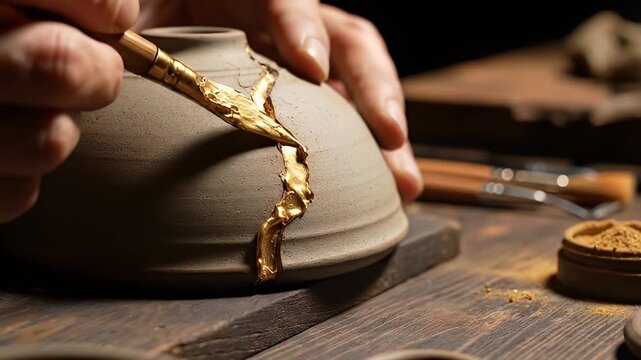Potter Applying Golden Kintsugi to Ceramic Bowl.