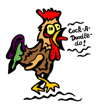 Loud colored cockerel, in cartoon style, screams and stares and opens its beak wide. Vector color illustration on a white isolated background