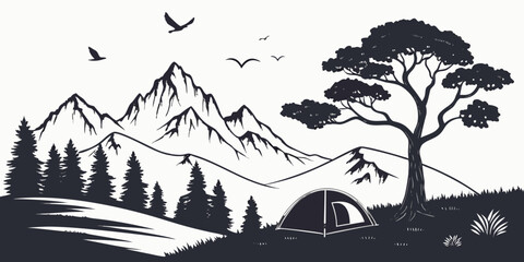 Fototapeta premium A serene landscape with mountains, trees, and a lake under a clear sky