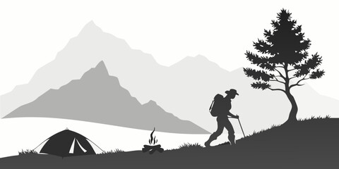 A hiker explores a serene mountain landscape with a tent and a pine tree. © Mamun