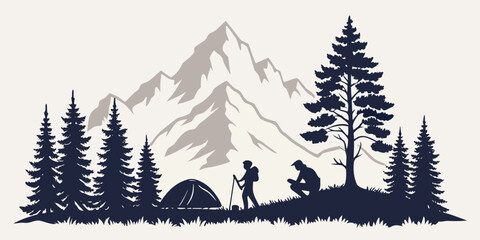 A scenic view of a mountain range with trees and a tent in the foreground © Mamun