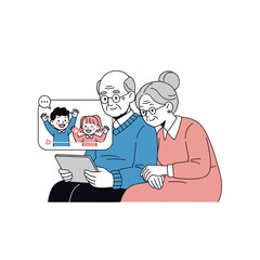 Elderly couple video chatting with children on tablet device
