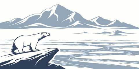 Polar bear standing on a rock overlooking a vast icy landscape with mountains in the distance © Mamun