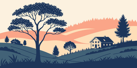 A serene landscape with trees and animals under a colorful sunset sky © Mamun