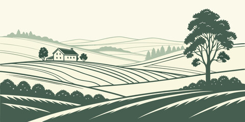 A serene countryside landscape with rolling hills and farmland under a clear sky © Mamun