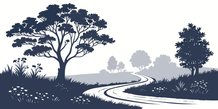 A serene winding path through a tranquil forest landscape with trees and distant mountains